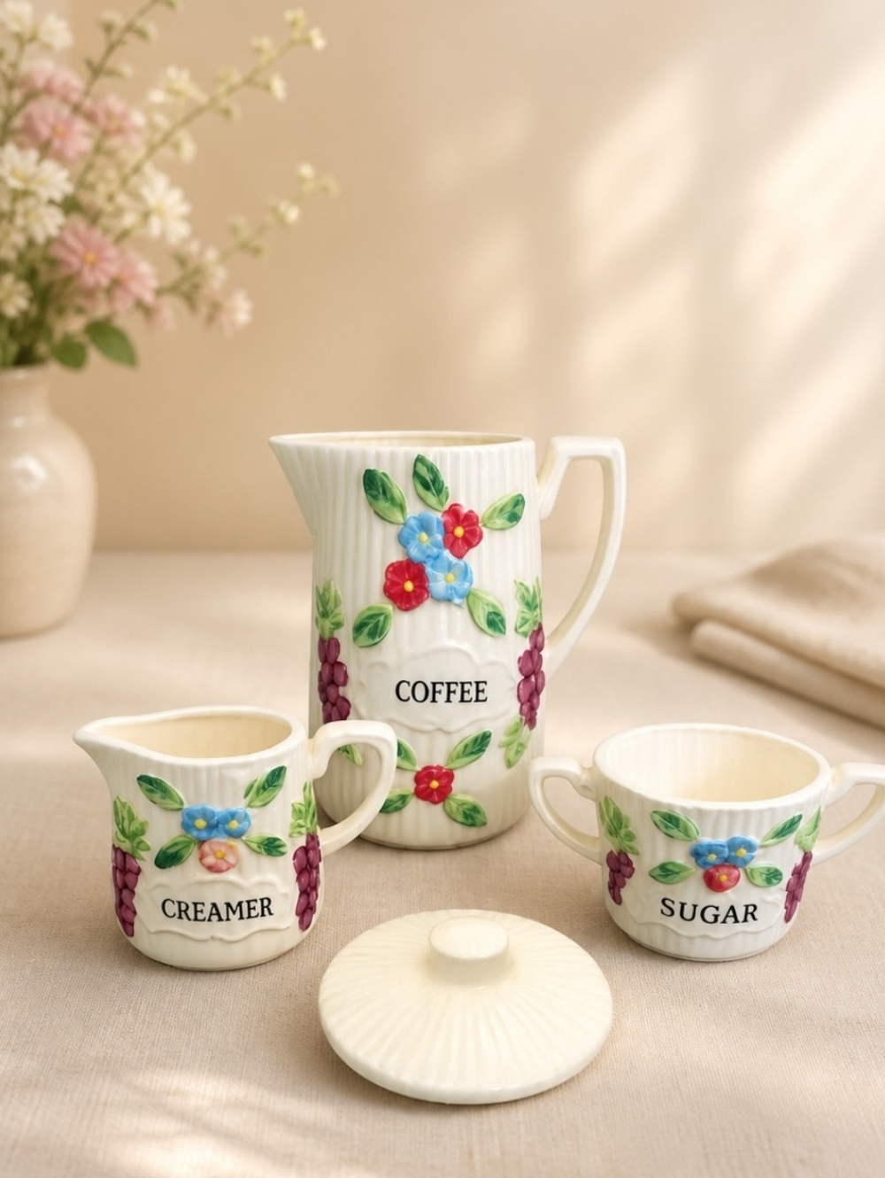 Adorable Vintage White Floral Coffee, Creamer & Sugar Set